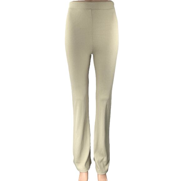 Zara Beige Tan Ribbed Knit High Waisted Pull On Bootcut Flared Pants Size S - Picture 1 of 5